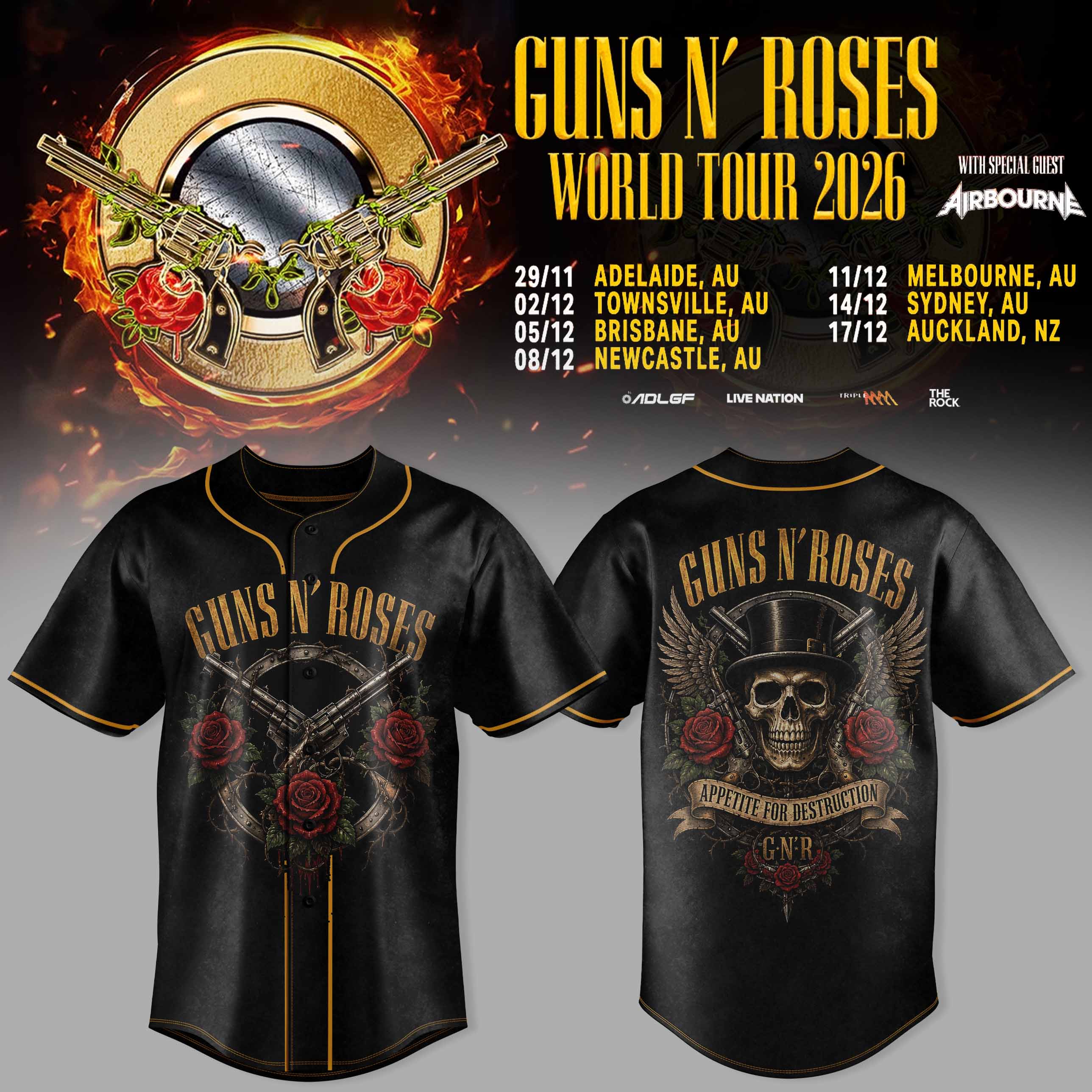Guns N Roses World Tour 2026 Premium Baseball Jersey Collection