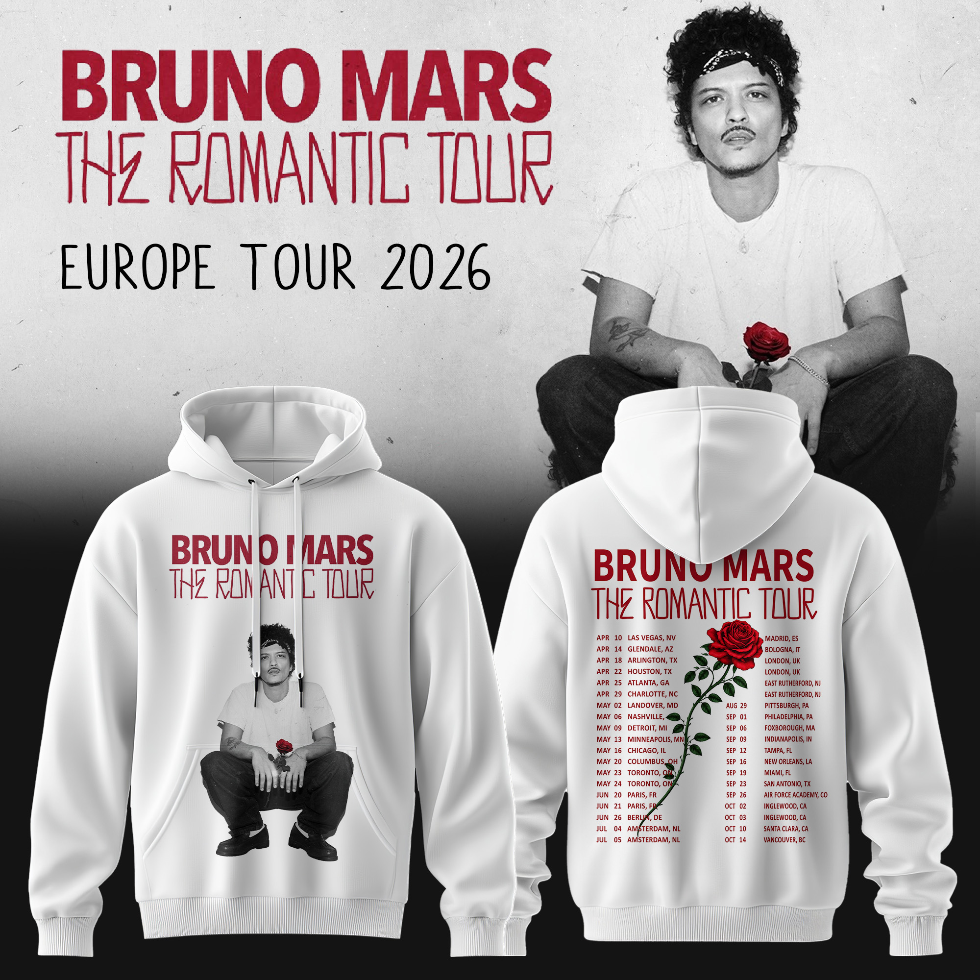 Bruno Mars Romantic Tour 2026 Concert Fan Hoodie