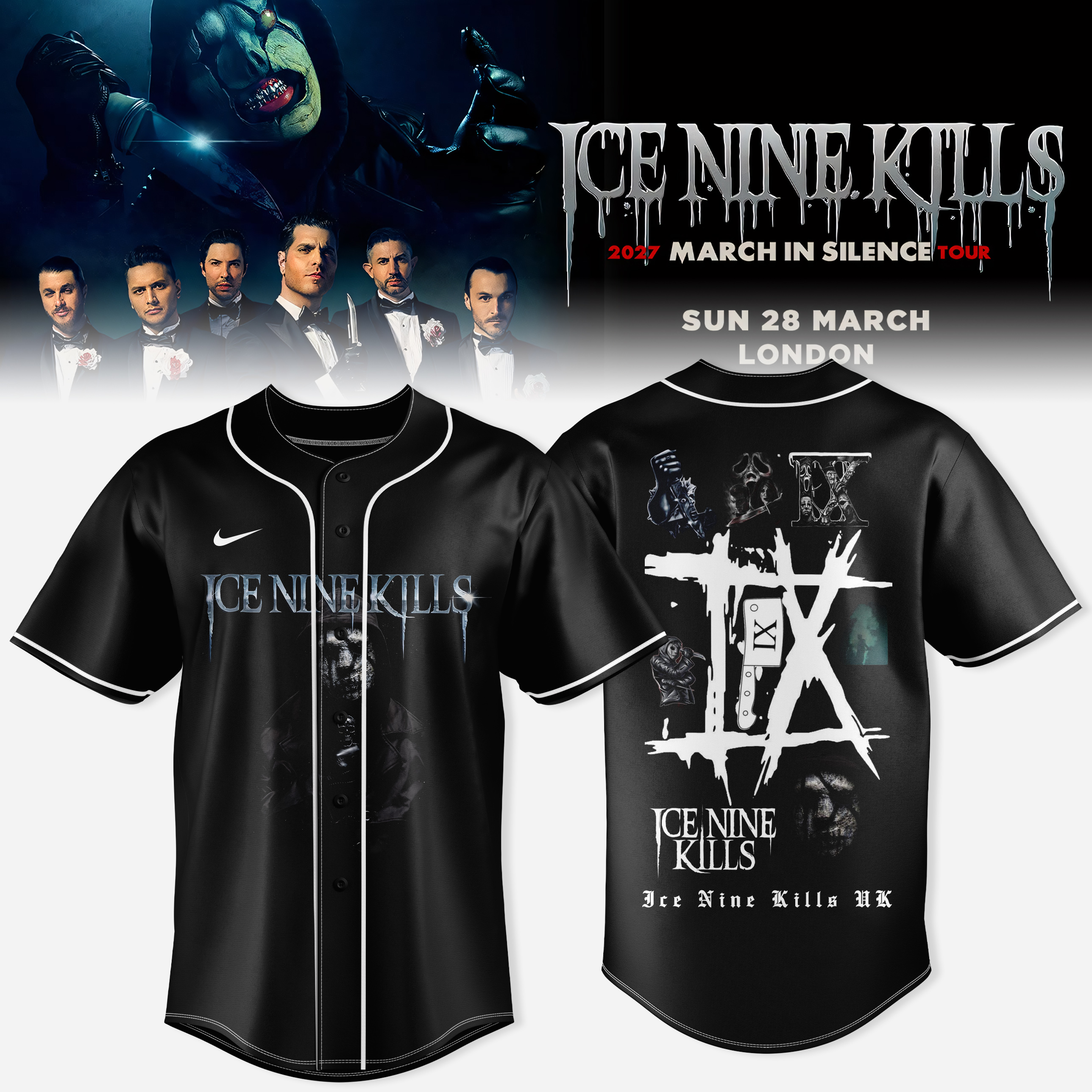 Ice Nine Kills 2027 March In Silence Tour Baseball Jersey Horror Graphic Button Up Fan Gift
