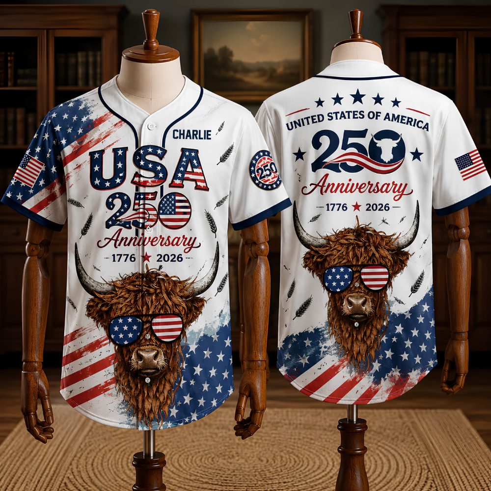 Usa 250Th Anniversary Highland Cow Patriotic Baseball Jersey