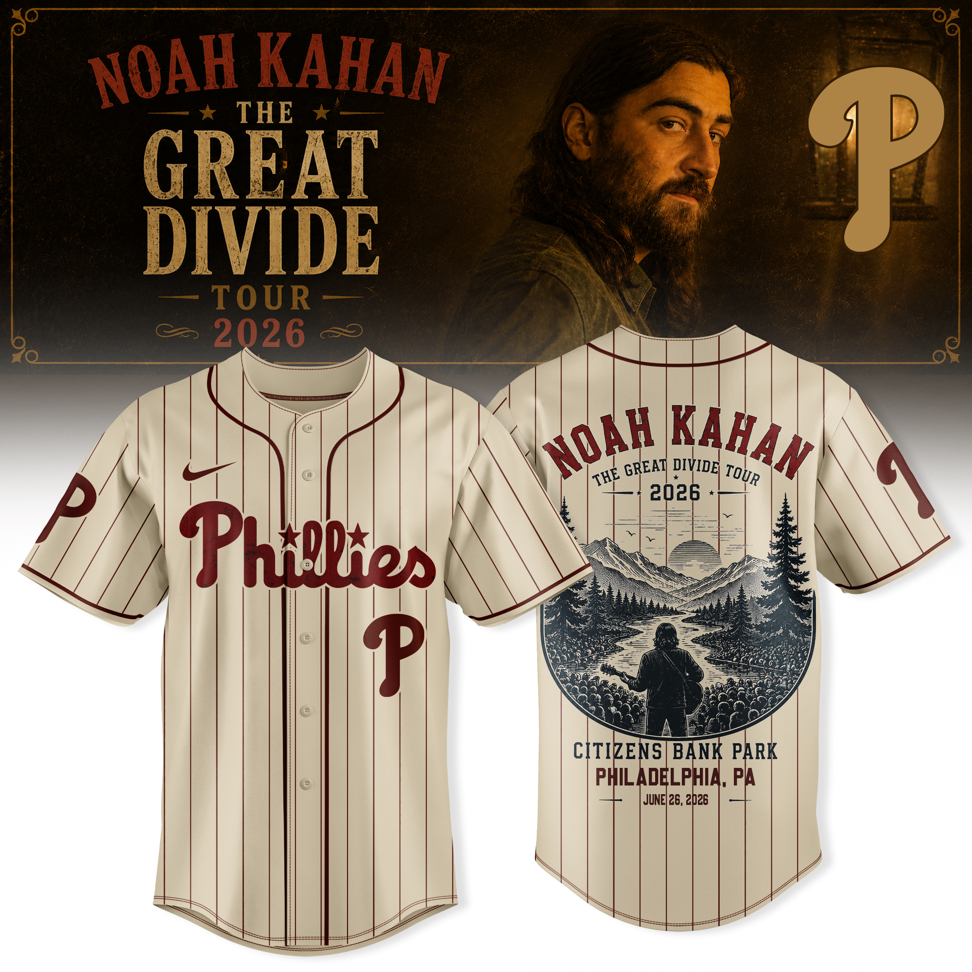 Noah Kahan The Great Divide Tour 2026 Premium Fan Baseball Jersey