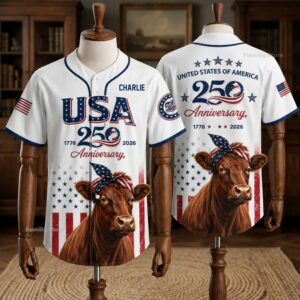Usa 250Th Anniversary Red Angus Cow Personalized Baseball Jersey