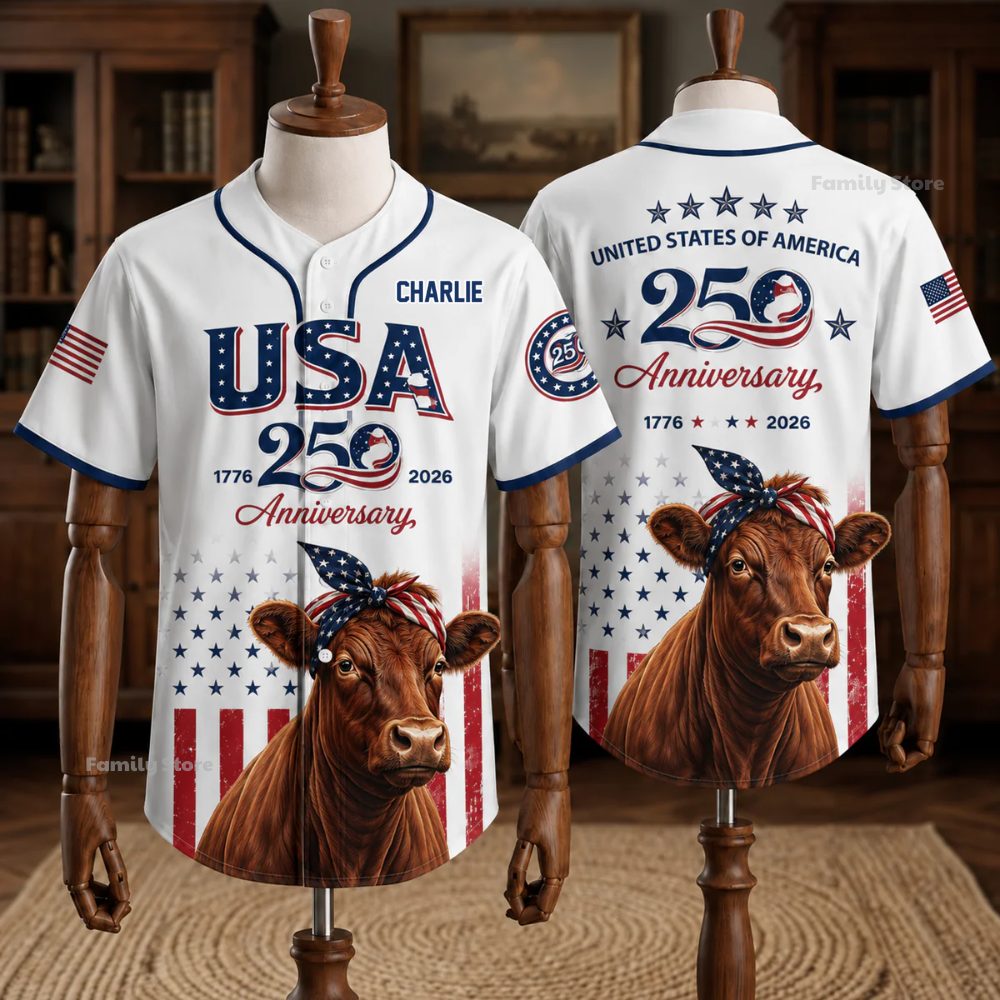 Usa 250Th Anniversary Red Angus Cow Personalized Baseball Jersey