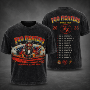 Foo Fighters World Tour 2026 Munich Allianz Arena Vintage Washed T-Shirt Rock Band Concert Tour Dates Graphic Tee Music Fan Gift