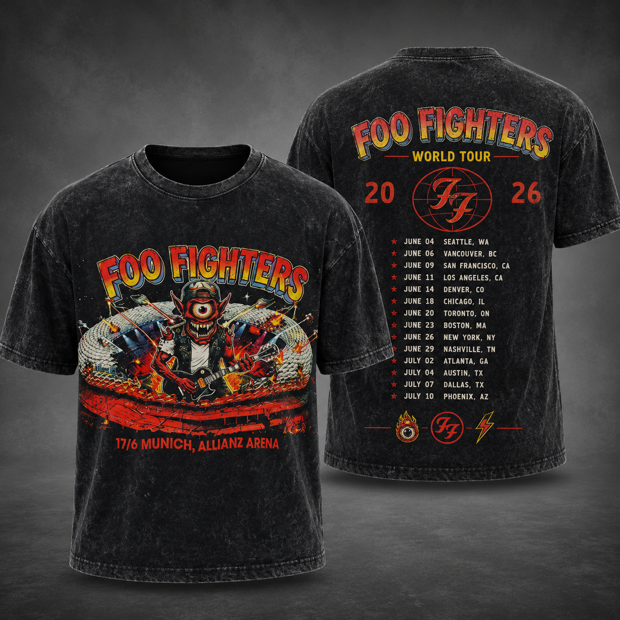 Foo Fighters World Tour 2026 Munich Allianz Arena Vintage Washed T-Shirt Rock Band Concert Tour Dates Graphic Tee Music Fan Gift