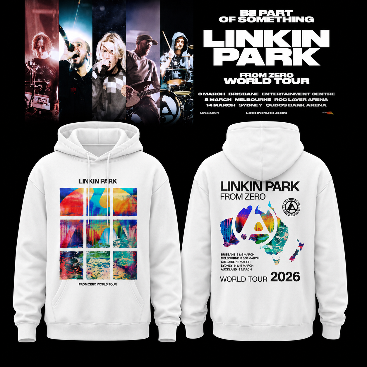 Linkin Park From Zero World Tour 2026 White Graphic Hoodie Colorful Album Art Concert Merch Fan Gift