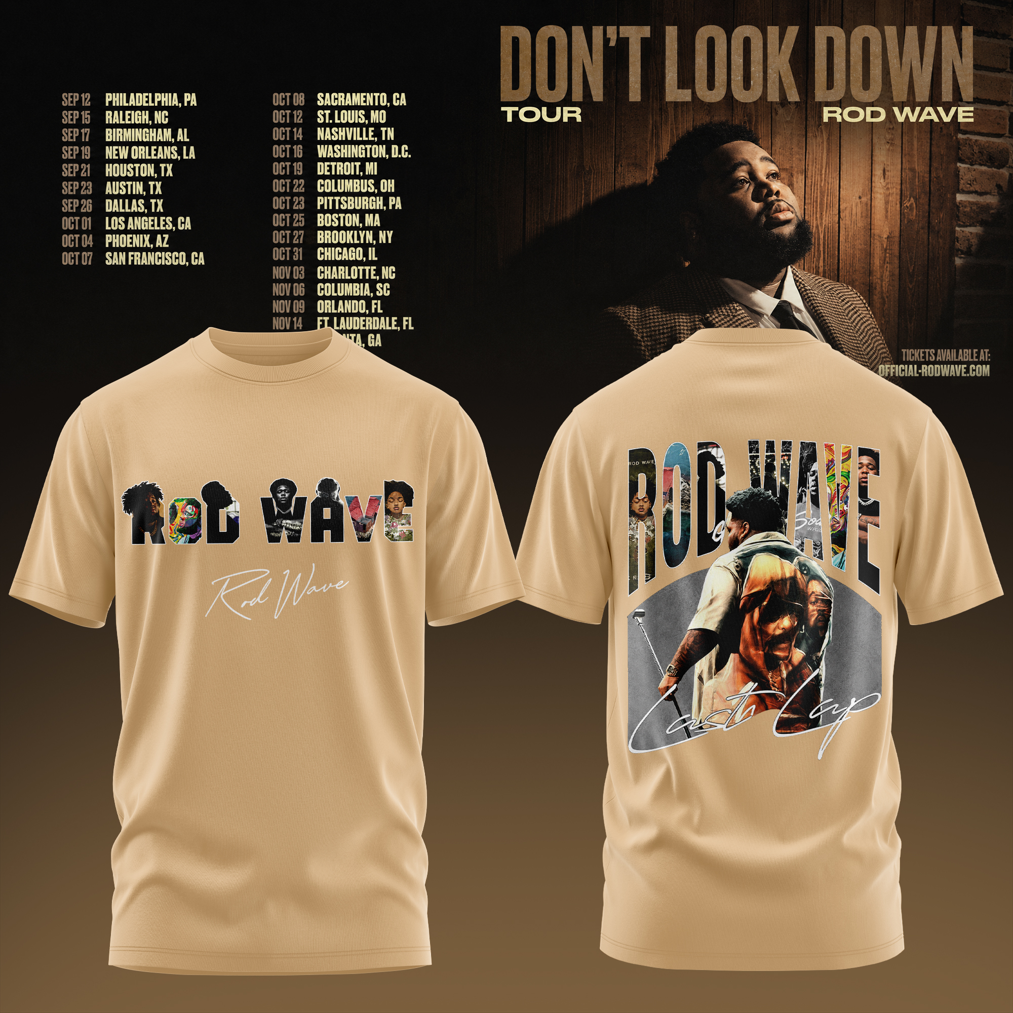 Rod Wave Dont Look Down Tour Collage Signature Sand T-Shirt Collection