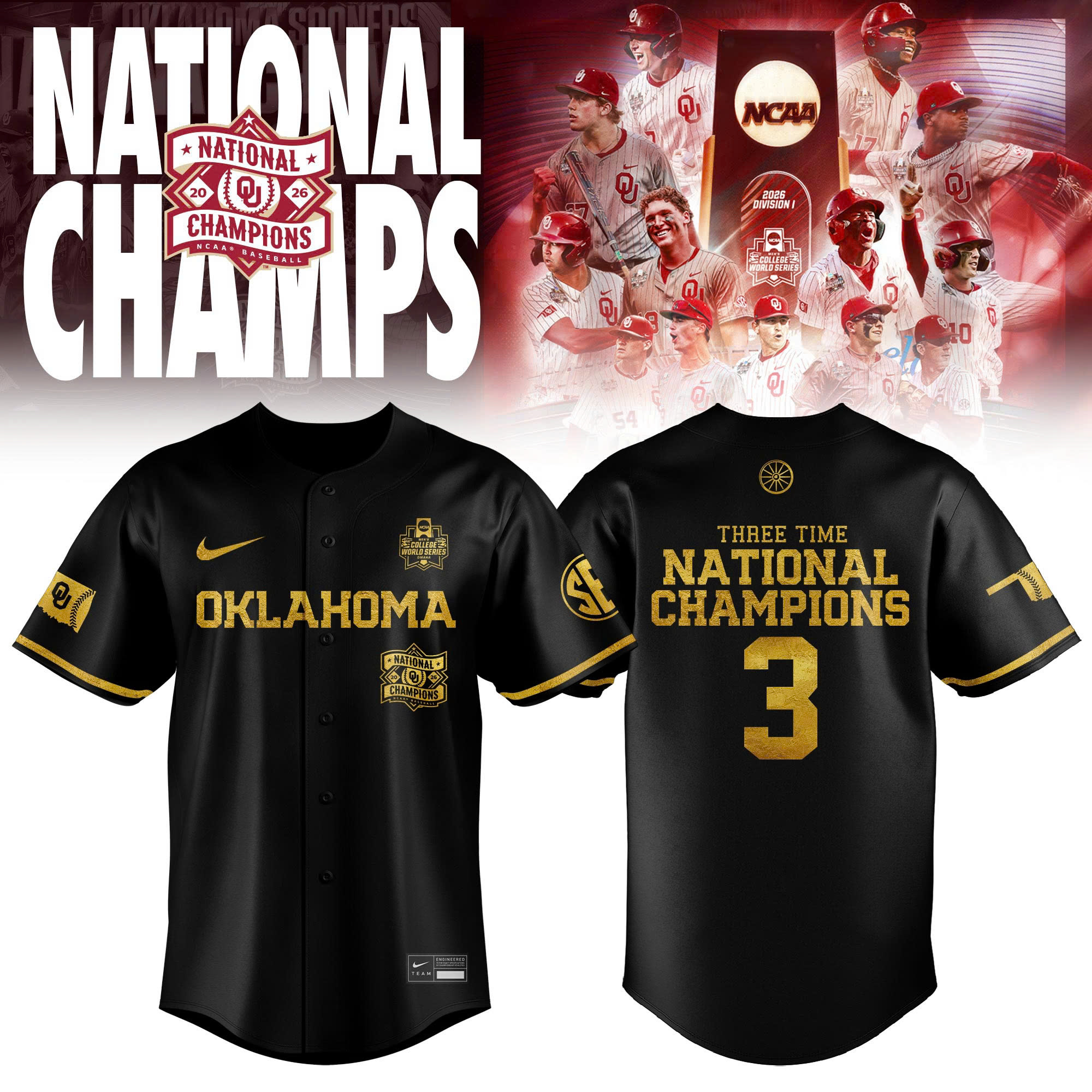 Oklahoma Sooners 2026 Mens College World Series Champions Baseball Jersey Gift For Sooners Fans