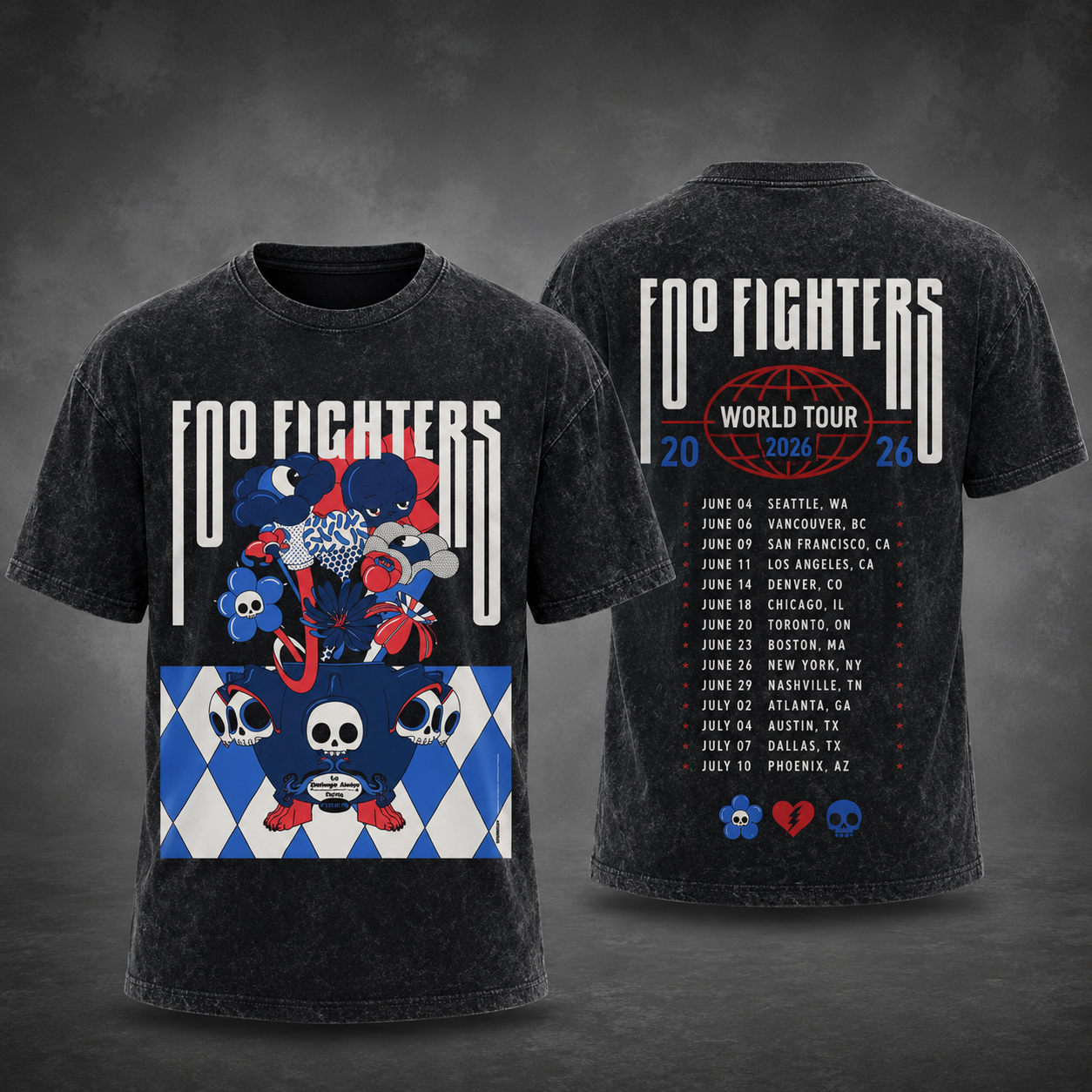 Foo Fighters World Tour 2026 Vintage Washed T-Shirt Rock Band Concert Tour Dates Graphic Tee Music Fan Gift