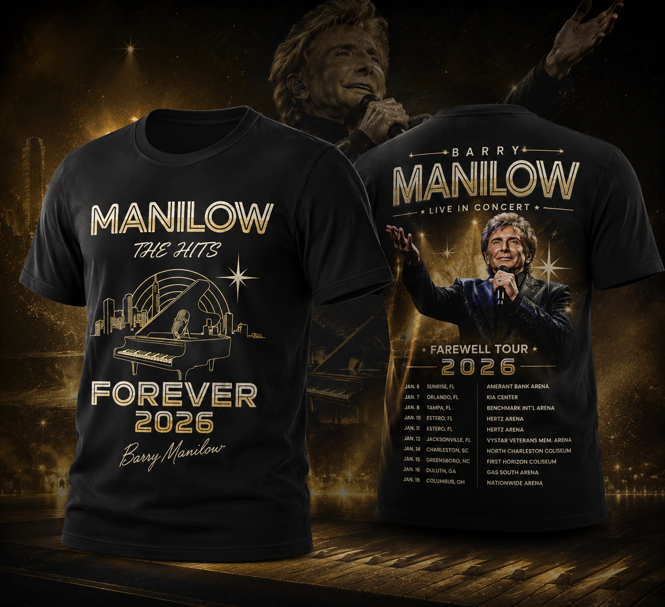Barry Manilow Forever 2026 Farewell Tour T-Shirt Vintage Piano Concert Fan Merch Front Back Graphic Tee