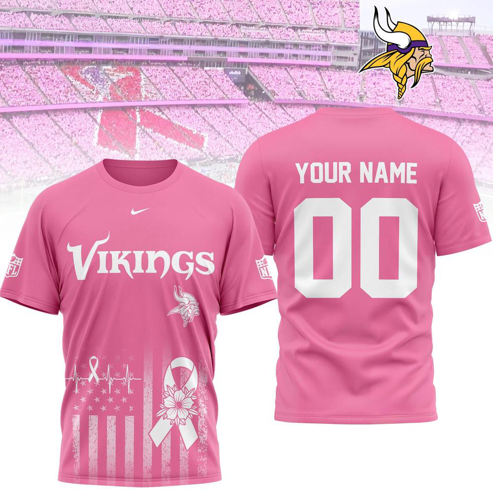 Minnesota Vikings 2026 Nfl Breast Cancer Awareness Custom 3D Shirt