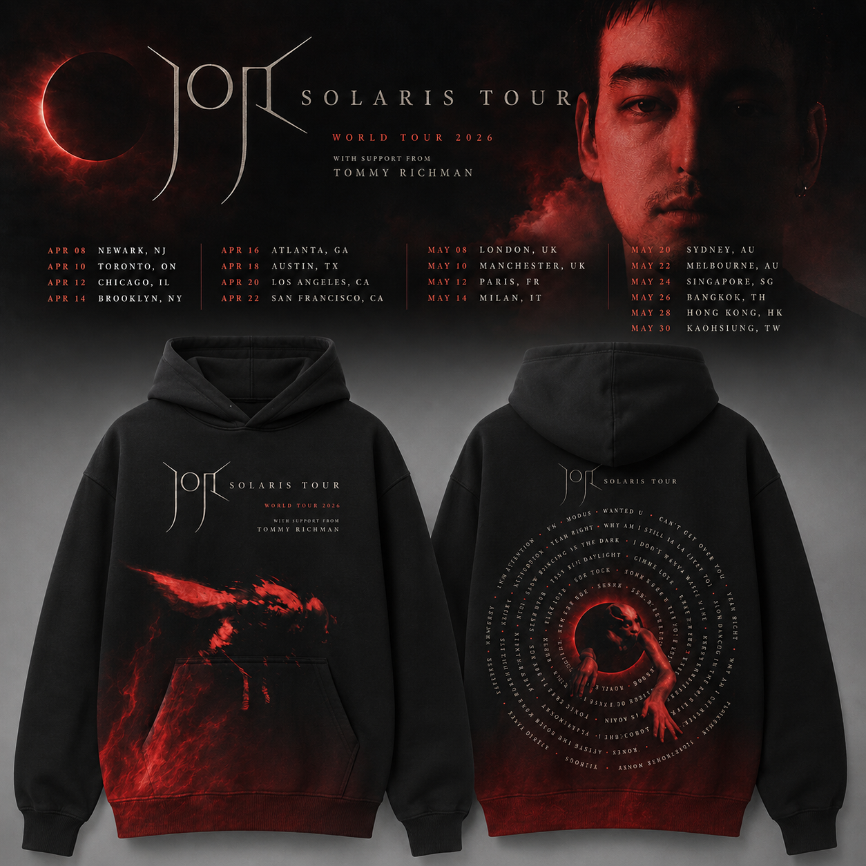 Joji World Tour 2026 Merch Concert Hoodie Alternative R&B Music Fan Gift Double Sided Tour Dates Hoodie