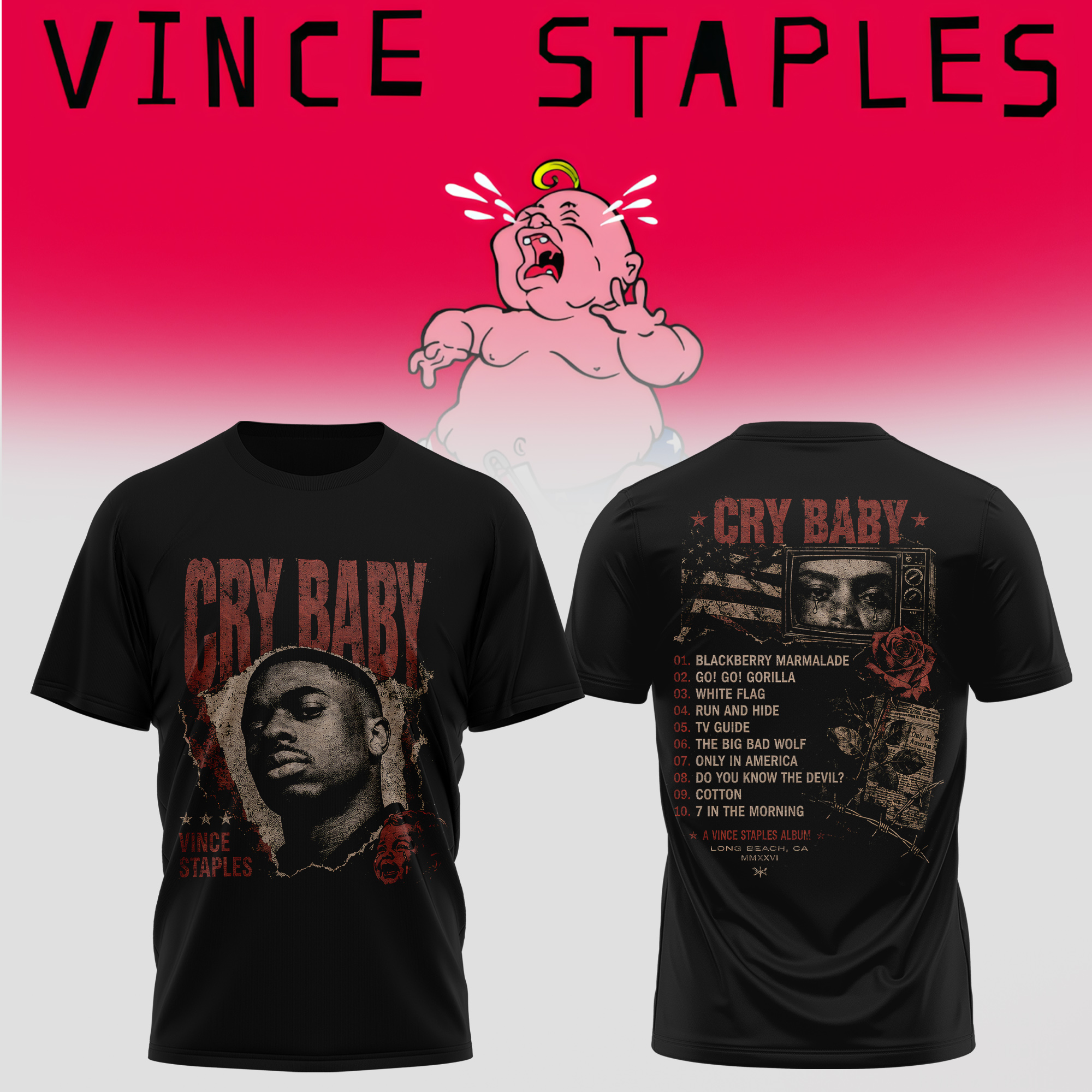 Vince Staples Cry Baby Tour Limited Concert T-Shirt Collection