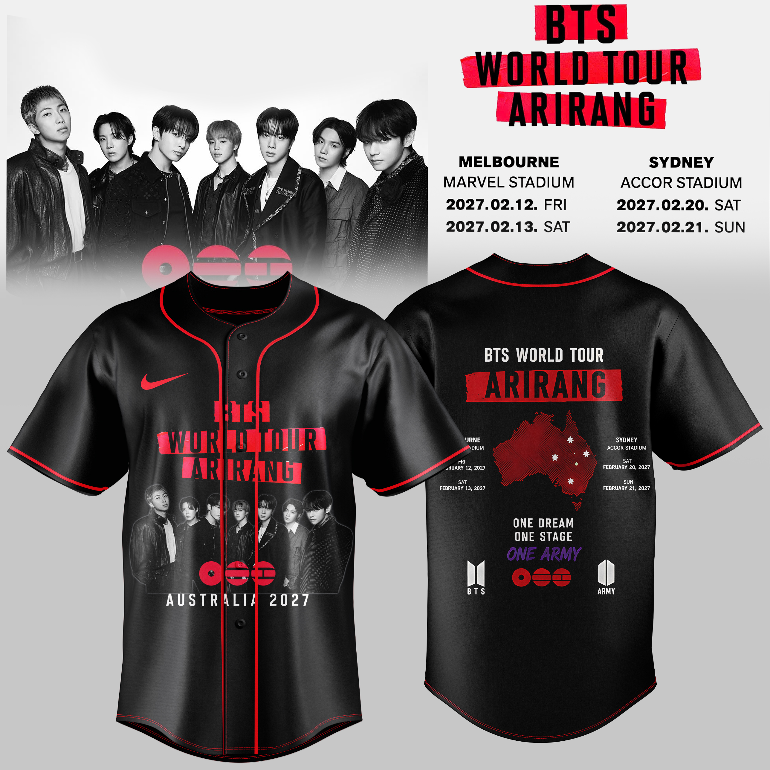 Bts Arirang World Tour Australia 2027 Premium Baseball Jersey Collection