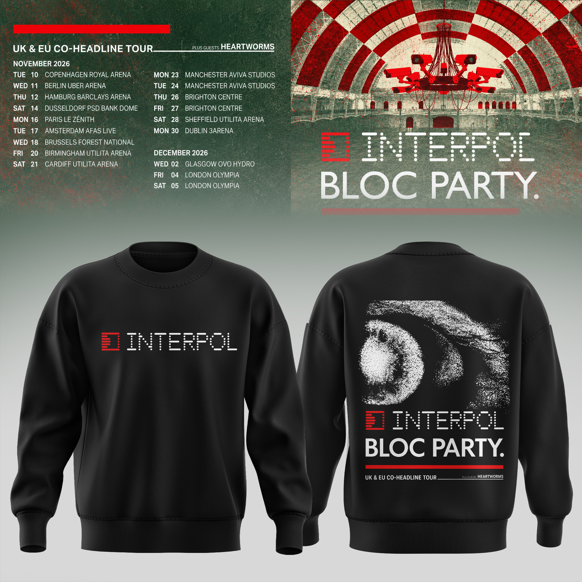 Interpol Bloc Party Uk Eu Tour 2026 Sweatshirt Fan Merchandise