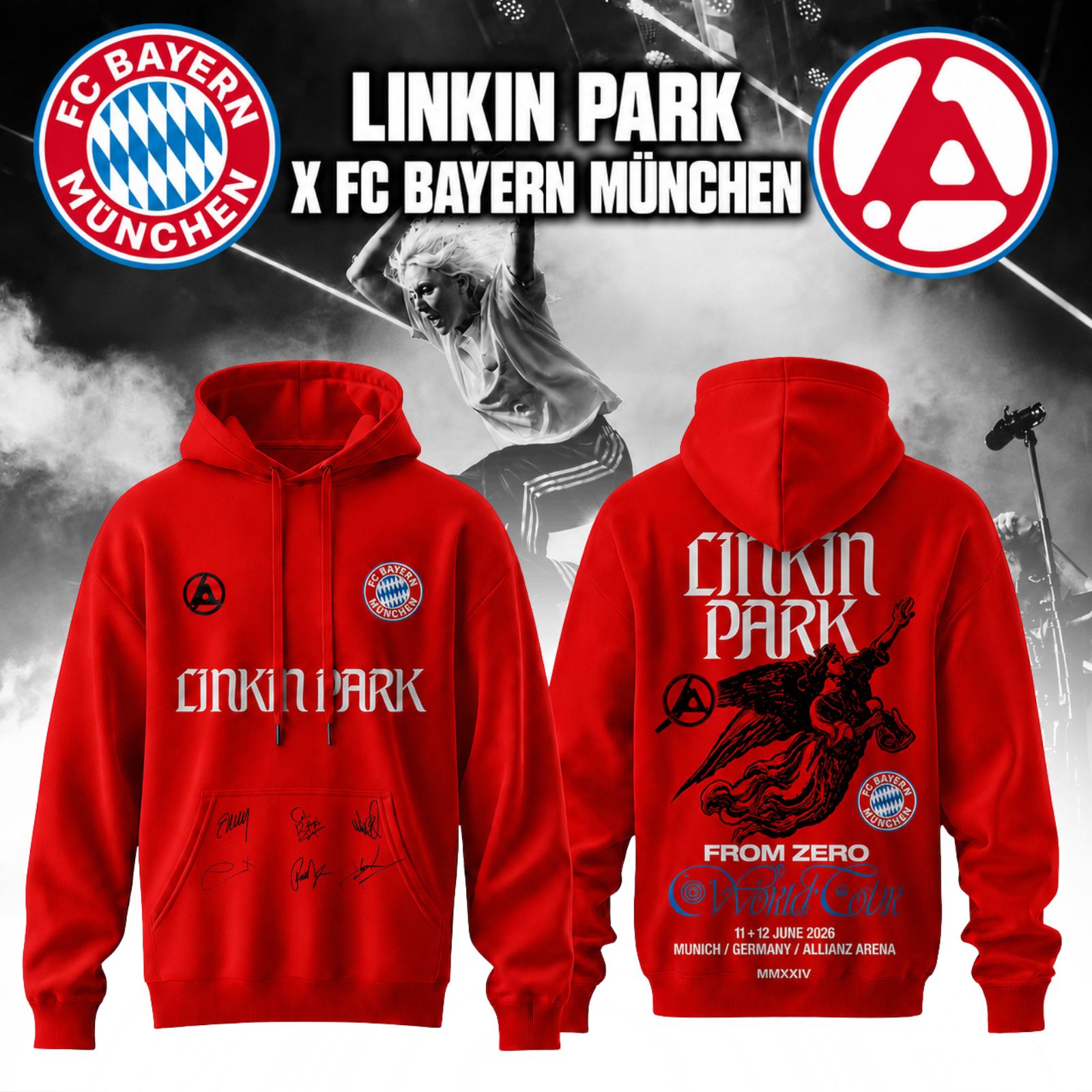 Linkin Park Fc Bayern Munich Music Lovers Classic Tour Signature Red Hoodie