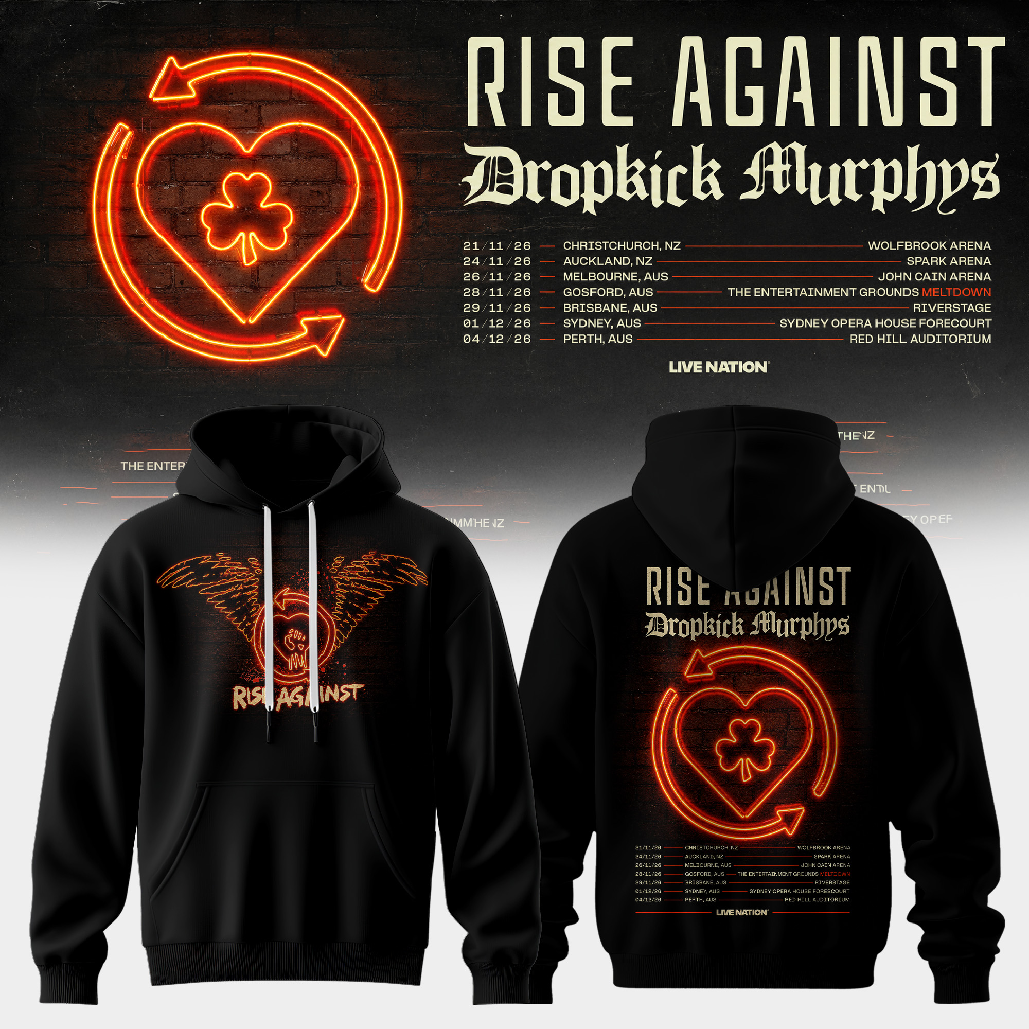 Rise Against X Dropkick Murphys Aunz Tour 2026 Exclusive Fan Hoodie
