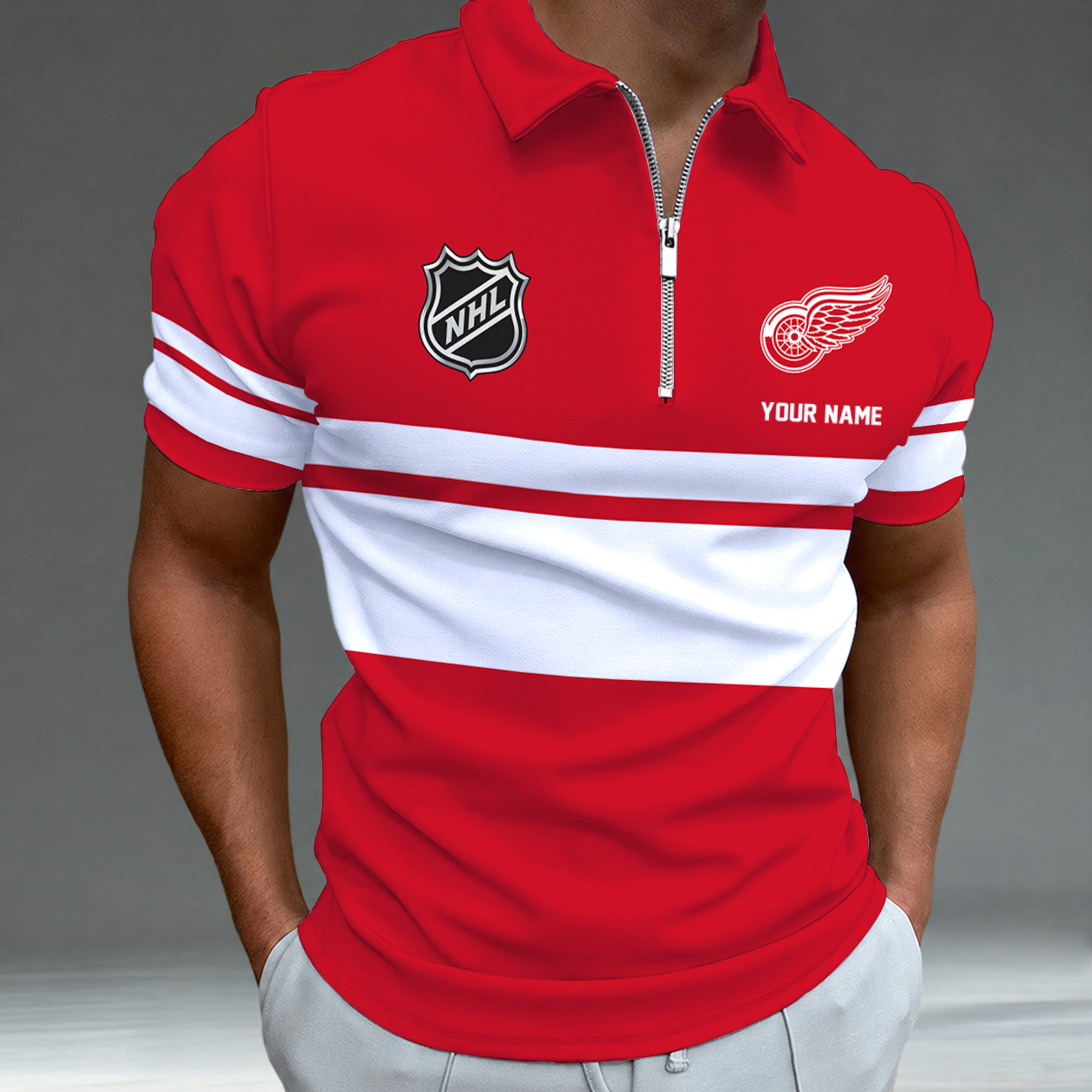Limited Edition – Customized NHL Detroit Khaki Wings Zipper Polo Shirt TTH2107103