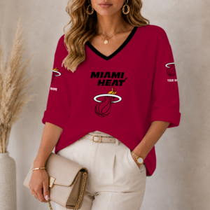 Limited Edition – Customized NBA Miami Heat Women’s Heart V-Neck Long Sleeve Shirt