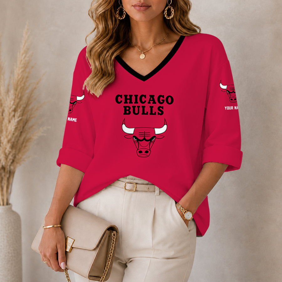 Limited Edition – Customized NBA Chicago Bulls Women’s Heart V-Neck Long Sleeve Shirt