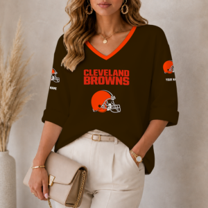 Limited Edition – Customized NFL Cleveland Khakis Women’s Heart V-Neck Long Sleeve Shirt