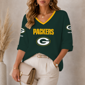 Limited Edition – Customized NFL Khaki Bay Packers Women’s Heart V-Neck Long Sleeve Shirt