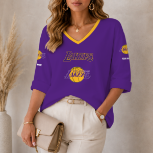 Limited Edition – Customized NBA Los Angeles Lakers Women’s Heart V-Neck Long Sleeve Shirt