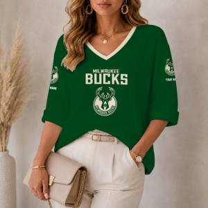 Limited Edition – Customized NBA Milwaukee Bucks Women’s Heart V-Neck Long Sleeve Shirt