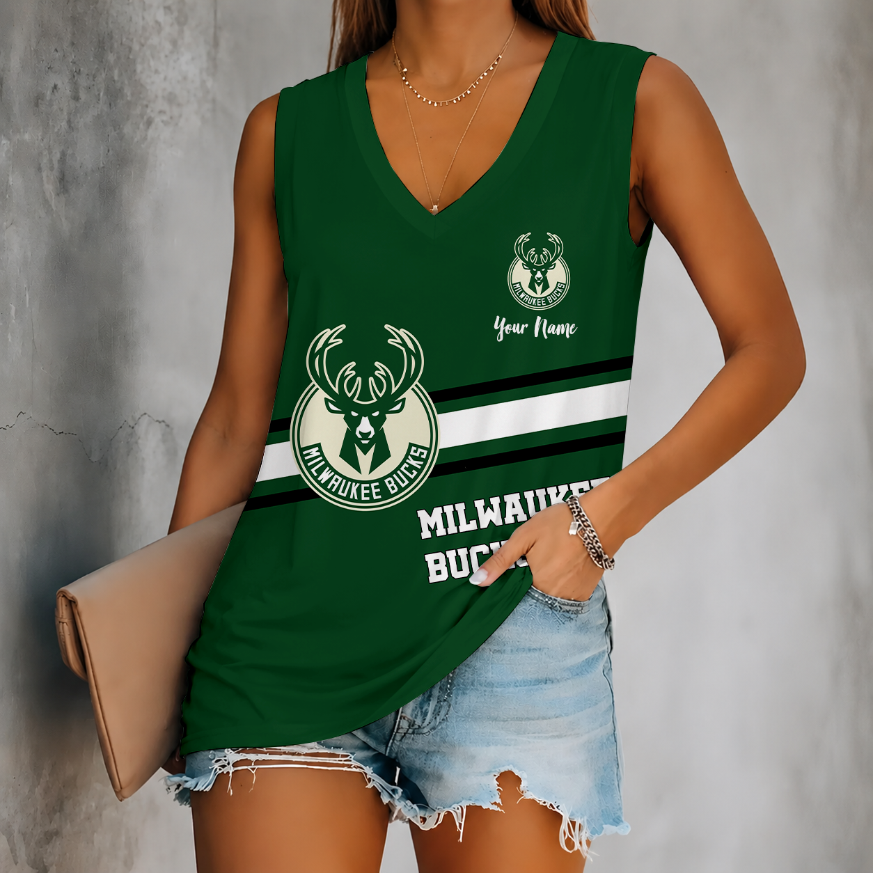 Limited Edition – Customized NBA Milwaukee Bucks Women’s V-Neck Tank Top