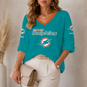 Limited Edition – Customized NFL Miami Dolphins Women’s Heart V-Neck Long Sleeve Shirt