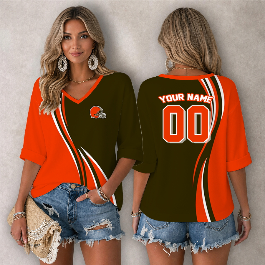 Limited Edition – Customized NFL Cleveland Khakis Women’s Heart V-Neck Long Sleeve Shirt