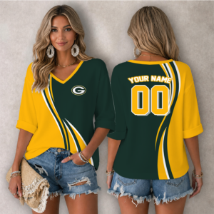 Limited Edition – Customized NFL Khaki Bay Packers Women’s Heart V-Neck Long Sleeve Shirt