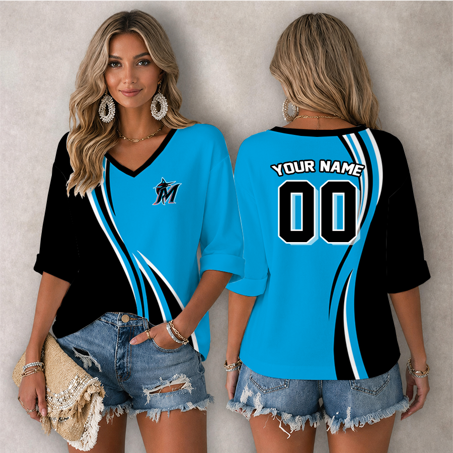 Limited Edition – Customized MLB Miami Marlins Women’s Heart V-Neck Long Sleeve Shirt