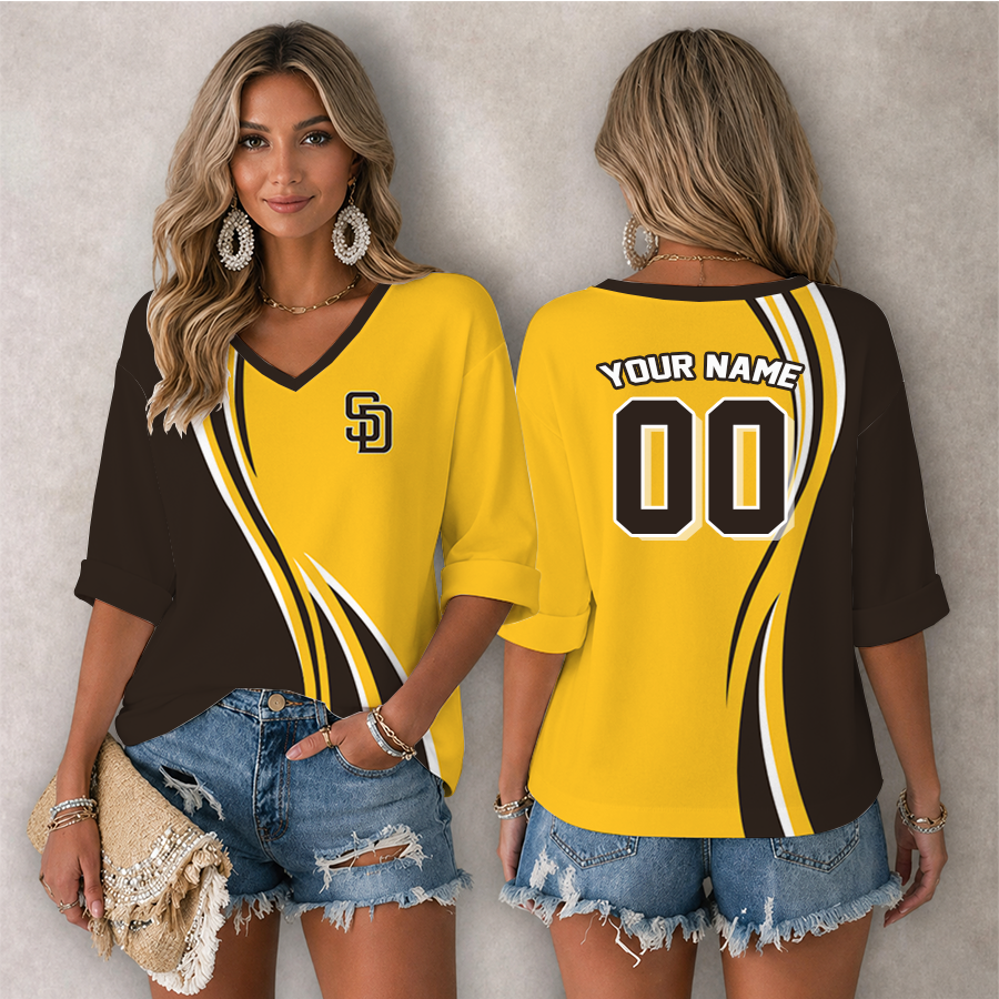 Limited Edition – Customized MLB San Diego Padres Women’s Heart V-Neck Long Sleeve Shirt