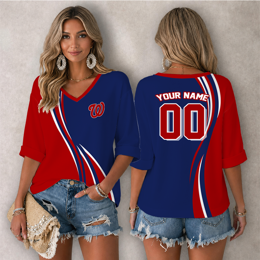 Limited Edition – Customized MLB Washington Nationals Women’s Heart V-Neck Long Sleeve Shirt