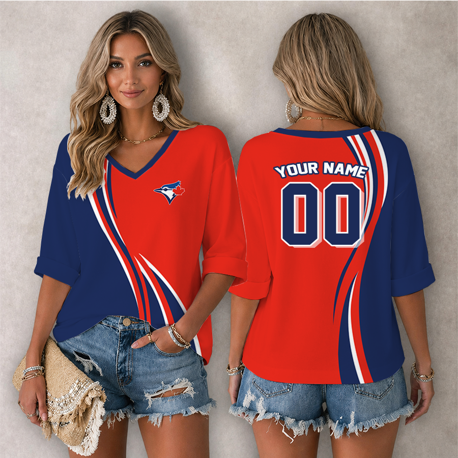 Limited Edition – Customized MLB Toronto Blue Jays Women’s Heart V-Neck Long Sleeve Shirt