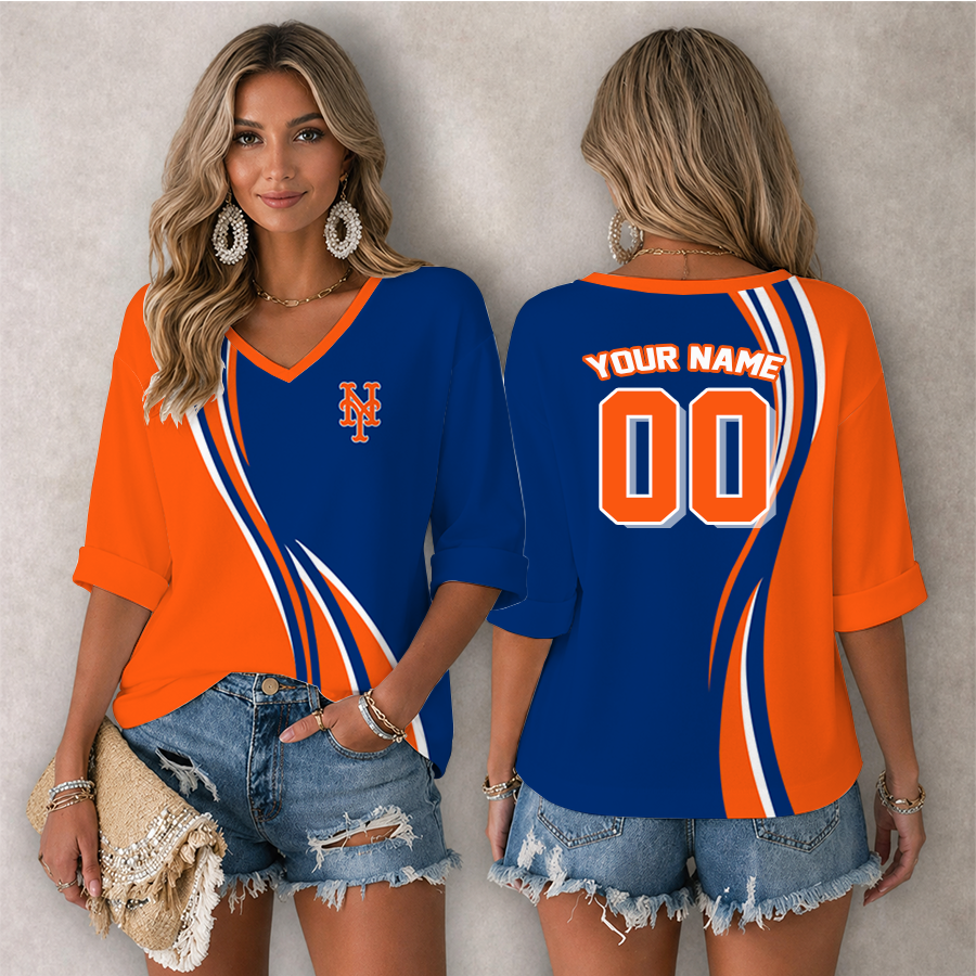 Limited Edition – Customized MLB New York Mets Women’s Heart V-Neck Long Sleeve Shirt