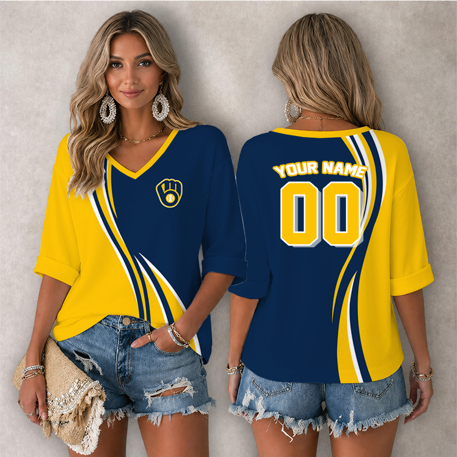 Limited Edition – Customized MLB Milwaukee Brewers Women’s Heart V-Neck Long Sleeve Shirt