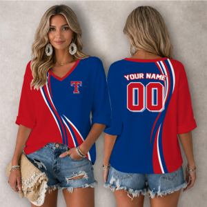 Limited Edition – Customized MLB Texas Rangers Women’s Heart V-Neck Long Sleeve Shirt