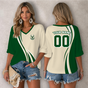 Limited Edition – Customized NBA Milwaukee Bucks Women’s Heart V-Neck Long Sleeve Shirt