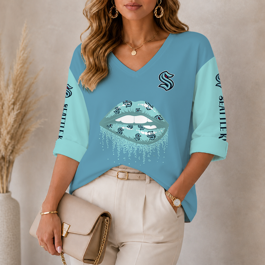 Limited Edition – Customized NHL Seattle Kraken Women’S Heart V-Neck Long Sleeve Shirt