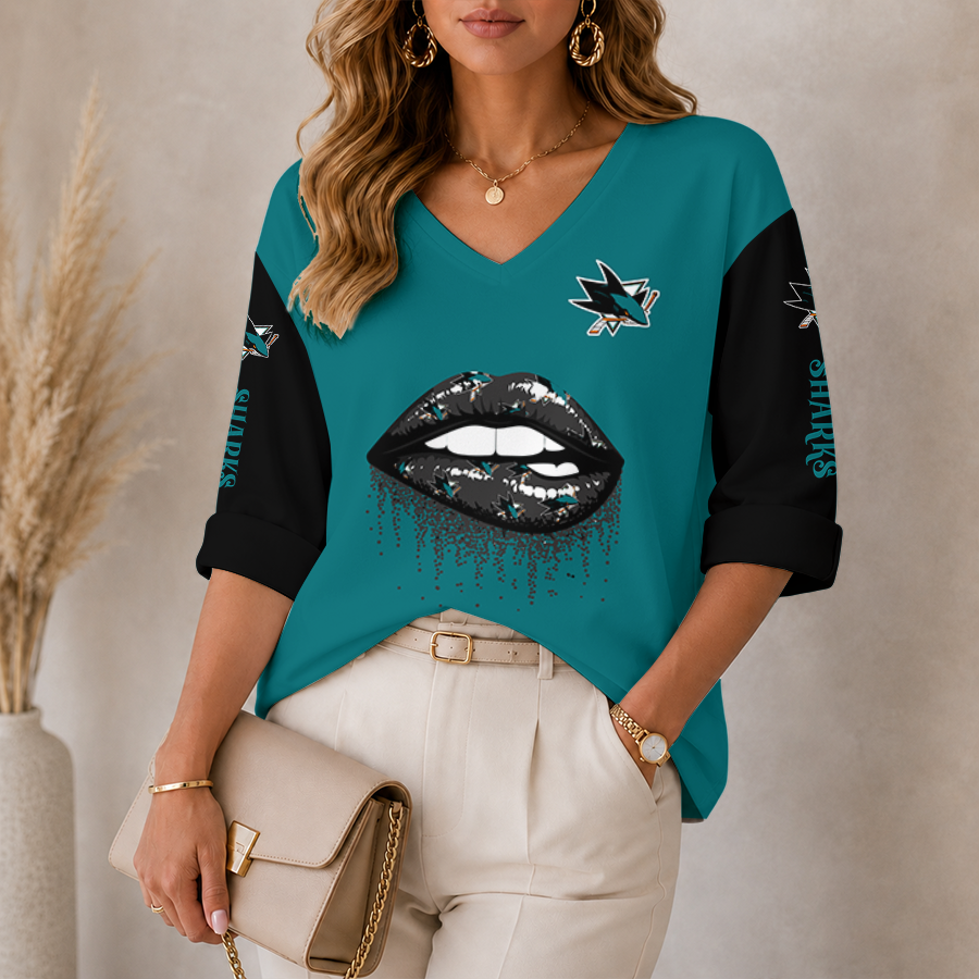 Limited Edition – Customized NHL San Jose Sharks Women’S Heart V-Neck Long Sleeve Shirt