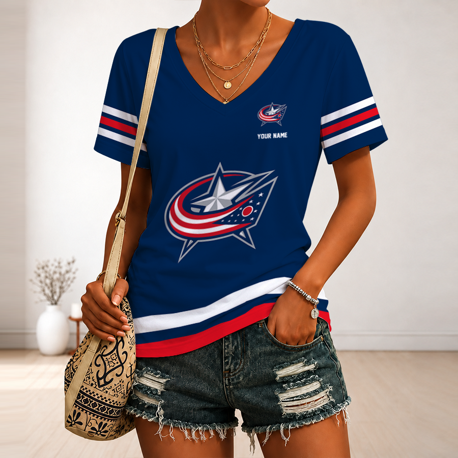 Limited Edition – Customized NHL Columbus Blue Jackets V-Neck Female Shirt