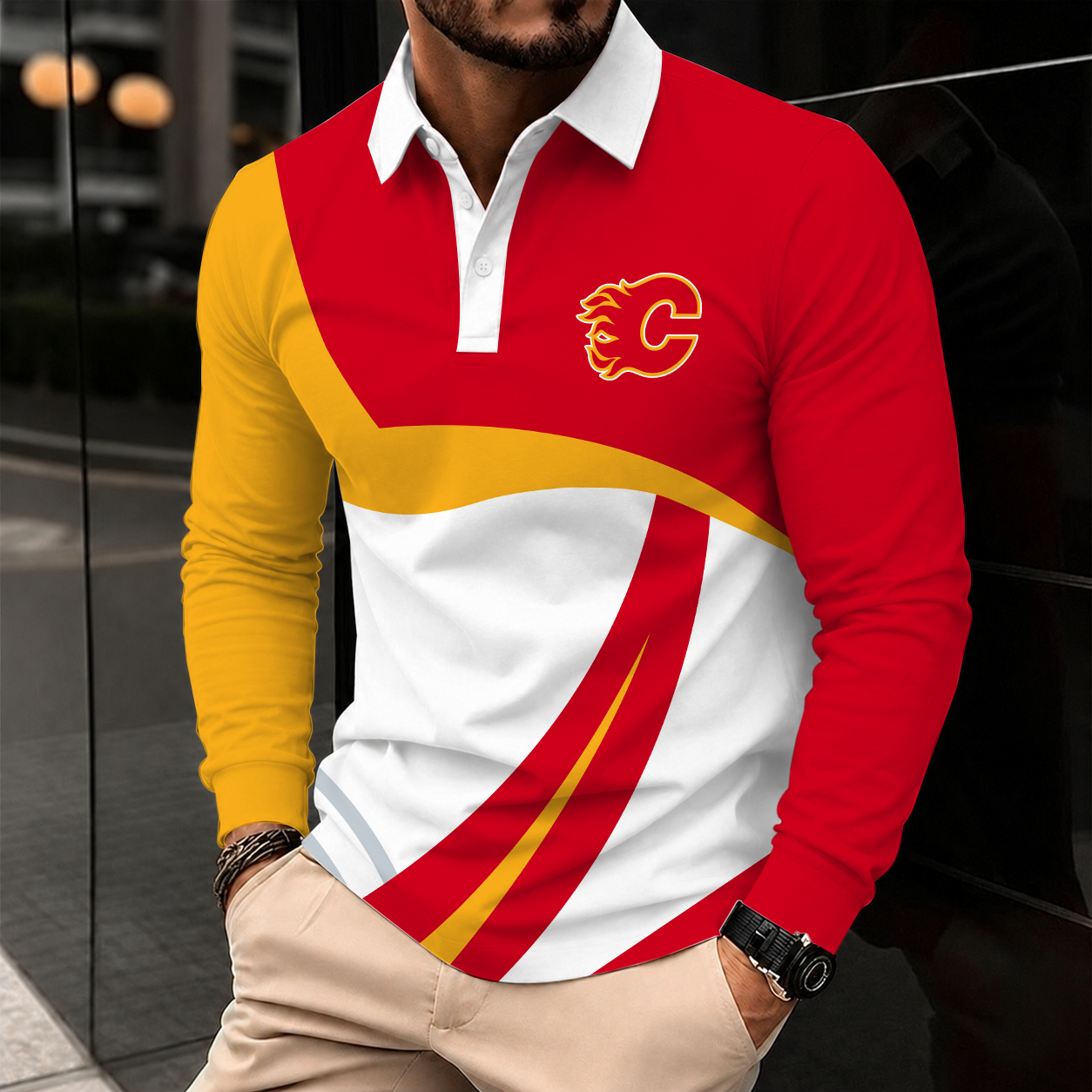 Limited Edition – Customized Nhl Calgary Flames Men Long Sleeve Polo Shirt