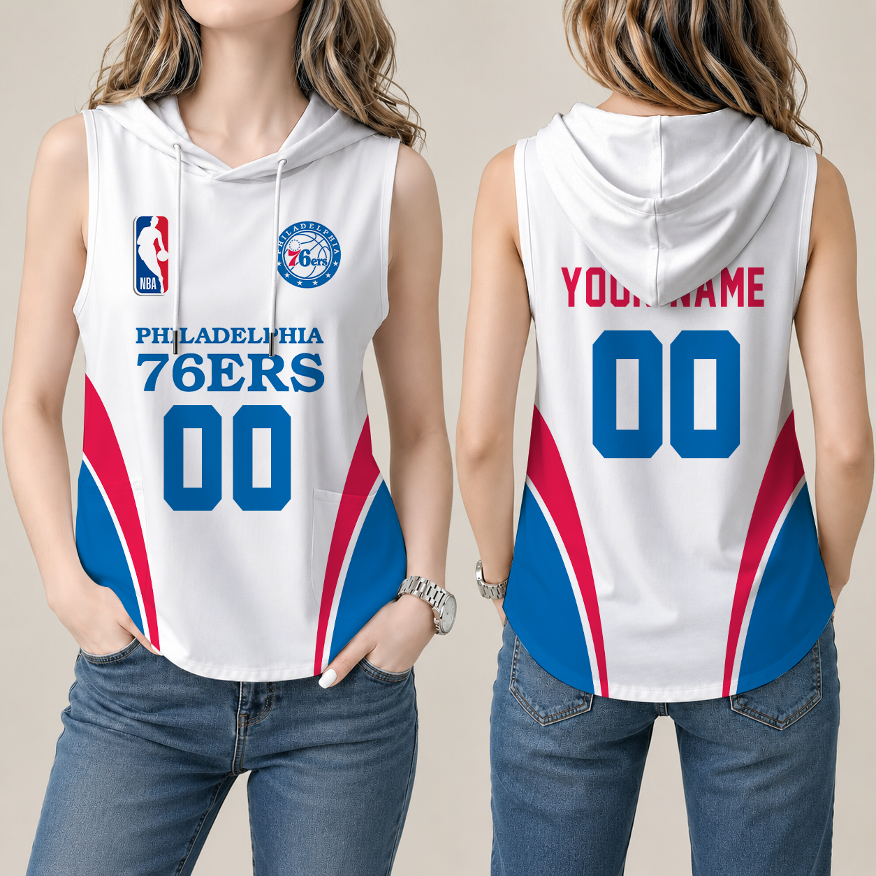 Limited Edition – Customized NBA Philadelphia 76Ers Women’s Sleeveless Hooded Pocket Tank Top