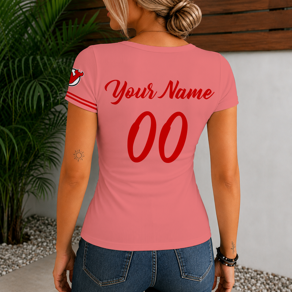 Limited Edition – Customized NHL New Jersey Devils Women’s Short Sleeve Henley T-Shirt - Image 2