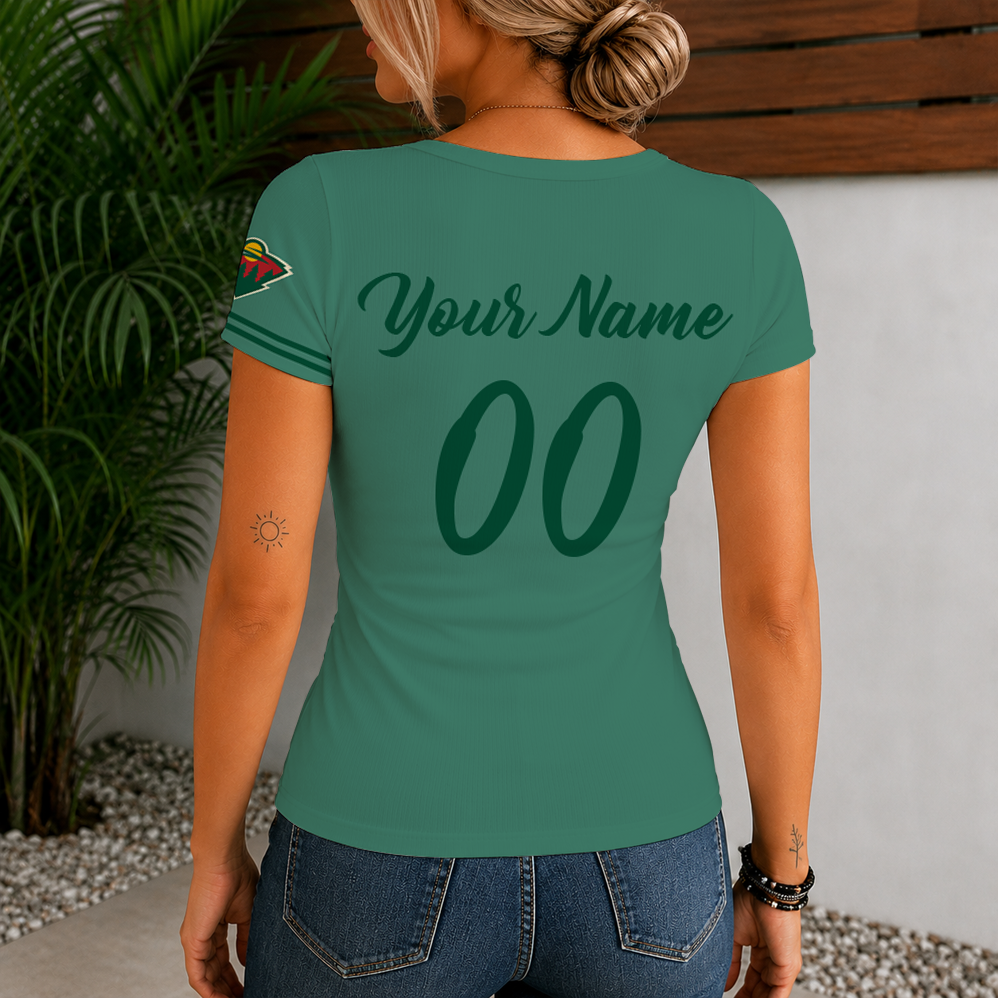Limited Edition – Customized NHL Minnesota Wild Women’s Short Sleeve Henley T-Shirt - Image 2