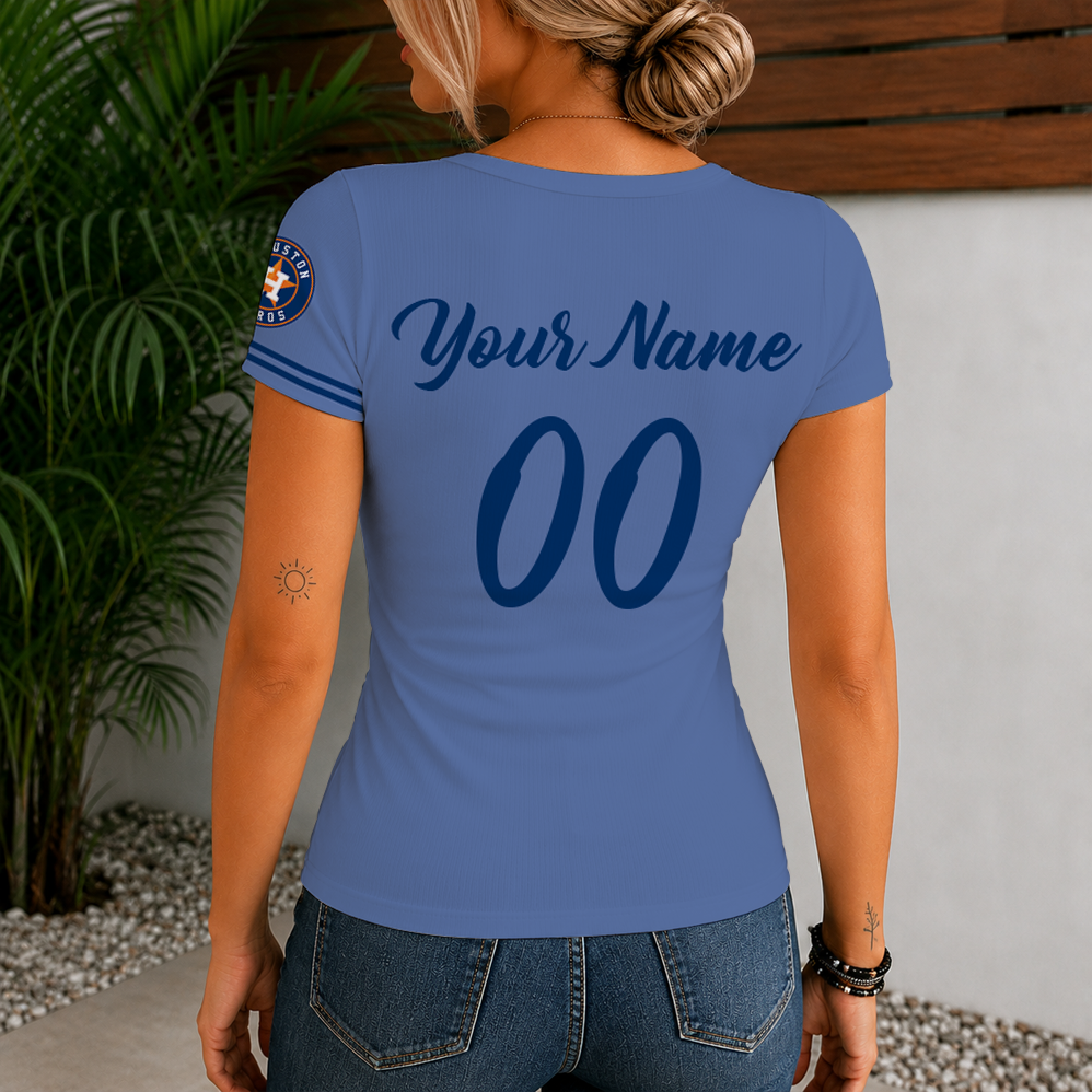 Limited Edition – Customized MLB Houston Astros Women’s Short Sleeve Henley T-Shirt - Image 2
