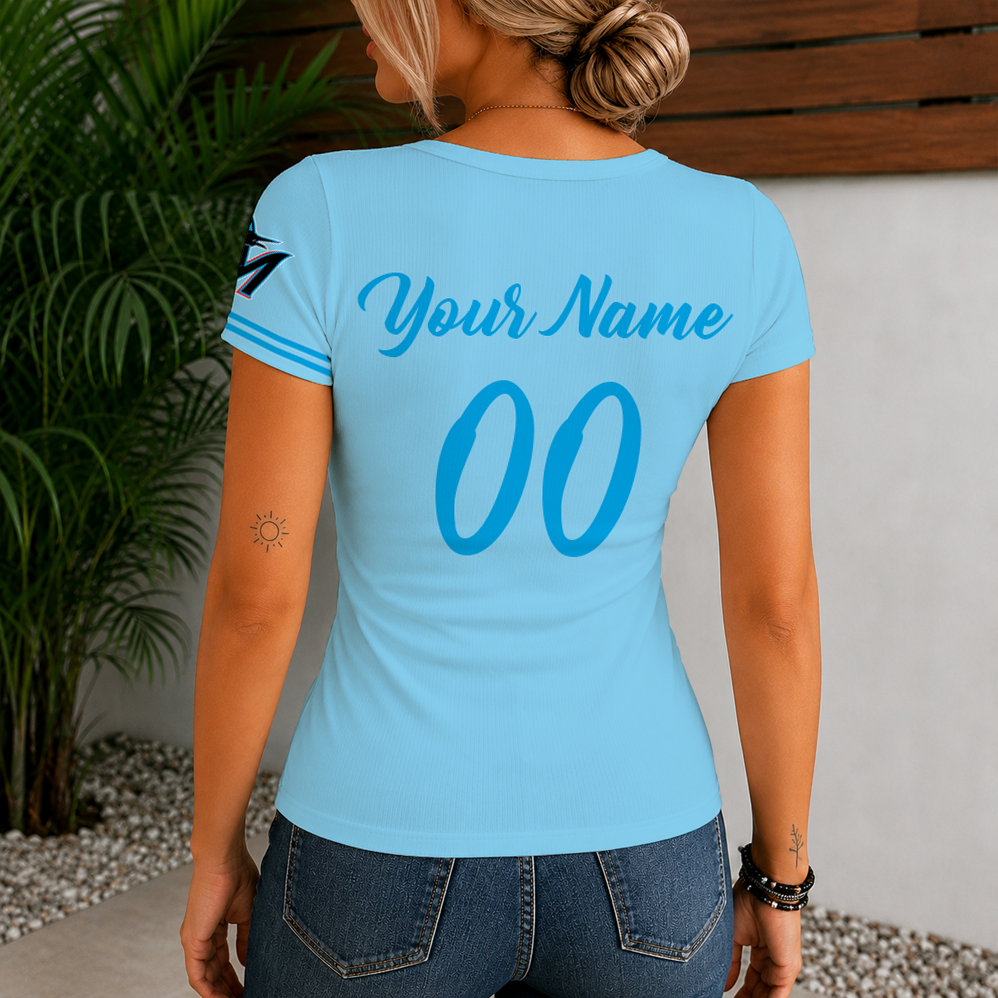 Limited Edition – Customized MLB Miami Marlins Women’s Short Sleeve Henley T-Shirt - Image 2
