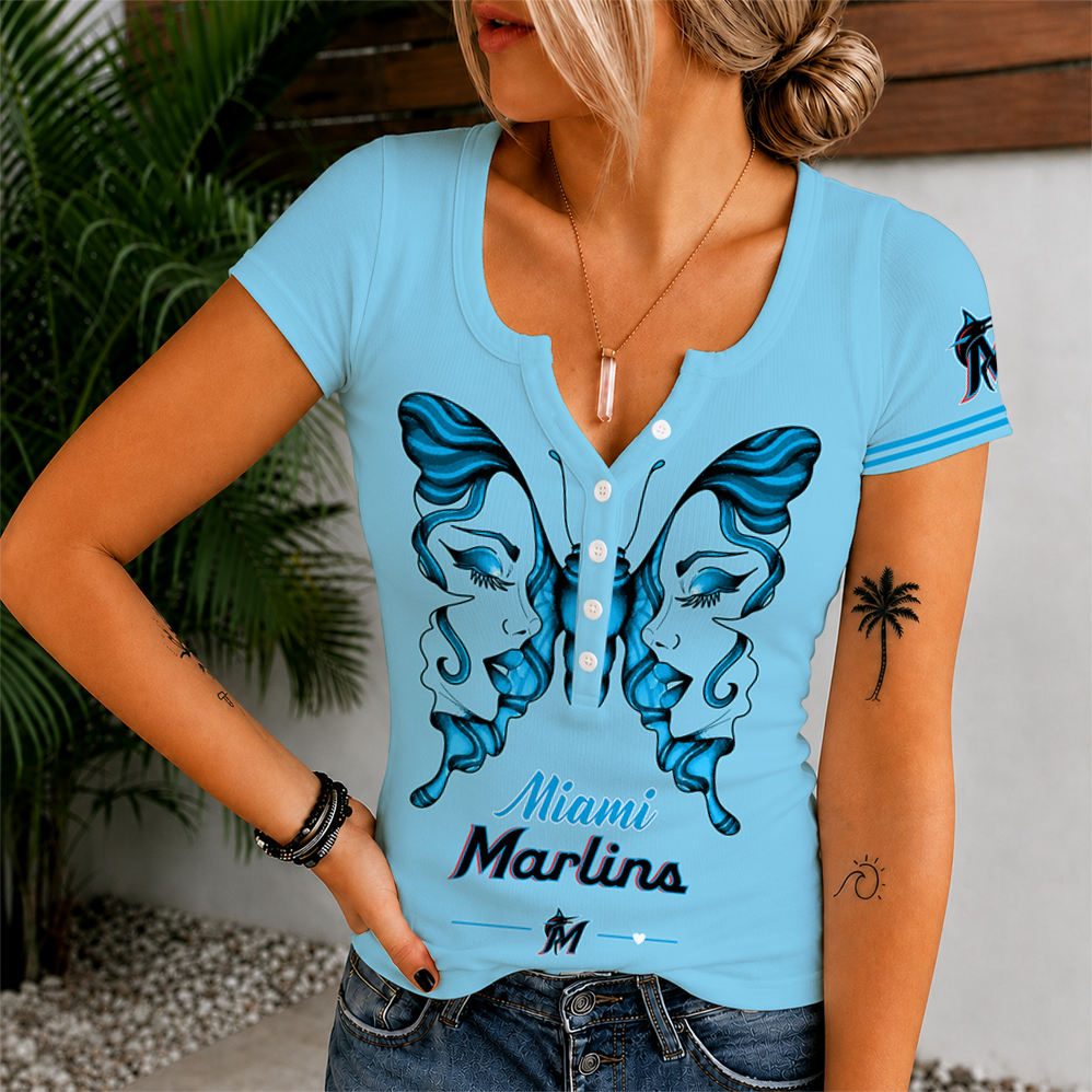 Limited Edition – Customized MLB Miami Marlins Women’s Short Sleeve Henley T-Shirt